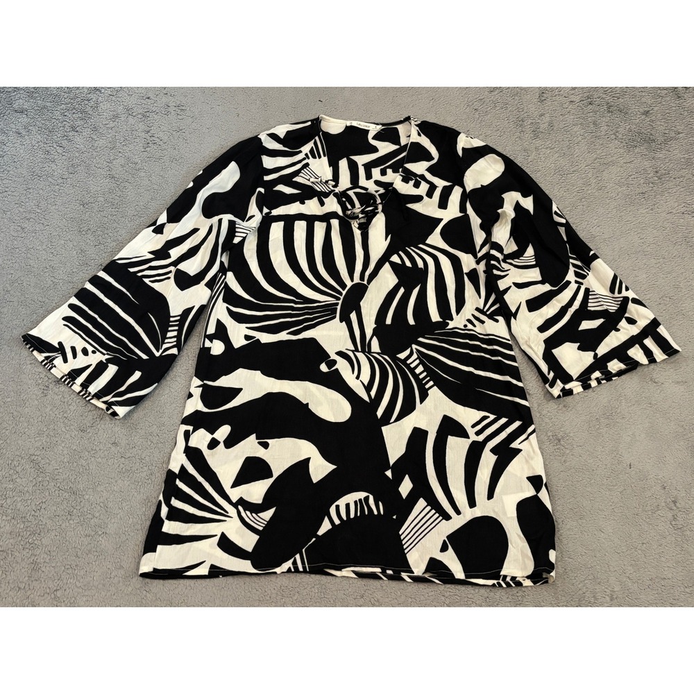 Salty Lemon Black White Abstract Leaf Print V-Neck Shift Mini Dress Small